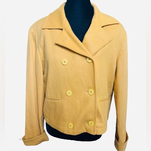 Vintage Wool Cropped Coat Size Medium Yellow Mod Retro Colorful Classic Preppy - Picture 2 of 6
